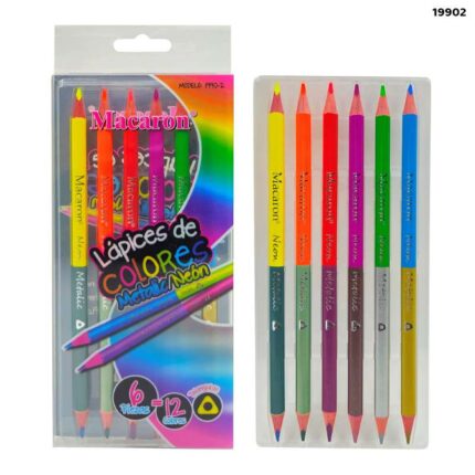 19902 MACARON 6PC 2 SIDE METALIC NEON PENCIL 12 COLORS
